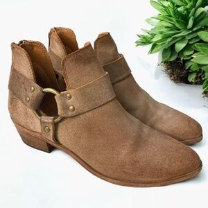 FRYE Ray Nubuck Leather Back Zip Harness Ankle Boots Distressed Brown